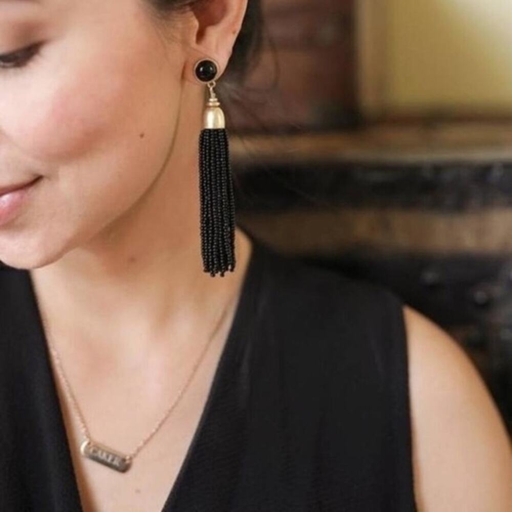 Stella & Dot Gita Tassel Earrings Black Drop Dangle Seed Bead New